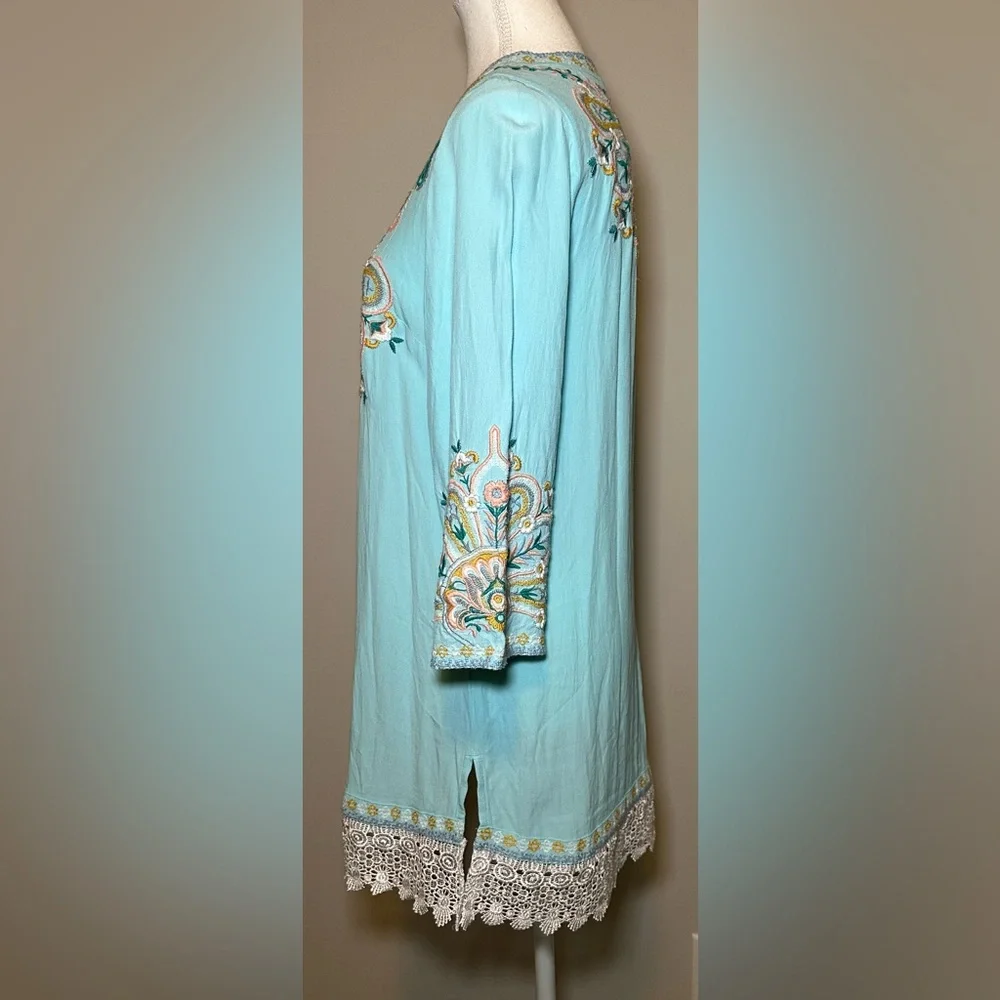 Soft Surroundings Blue River‎ Island Embroidered Tunic Boho Viscose Lace Hem XS